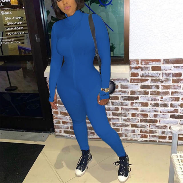 Fashion Street Wear Solid Color Tracksuit Pit Striped Ribbed Jumpsuit PQ6115G