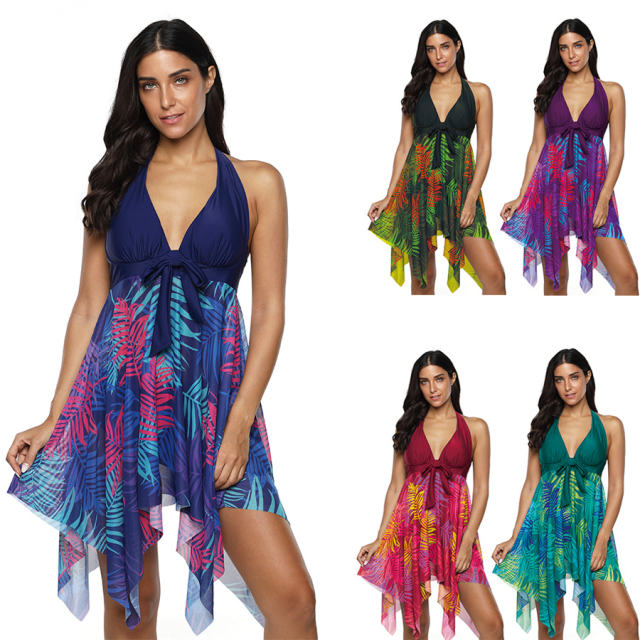 Floral Print Swimsuit Super Size Beach Dress Women Padding Swimdress PQ2037