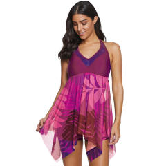 Leaf Print Swimdress Women Super Size Swimsuit 3XL Sheer Mesh Beachwear PQ2033A