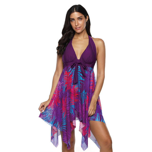 Floral Print Swimsuit Super Size Beach Dress Women Padding Swimdress PQ2037