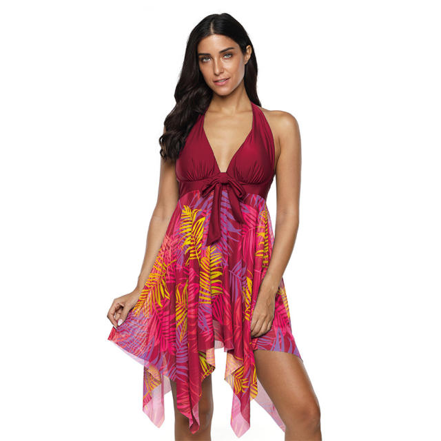 Floral Print Swimsuit Super Size Beach Dress Women Padding Swimdress PQ2037