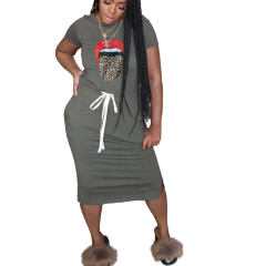 Leopard Print Lips Midi Dresses Casual Loose Dress For Women PQ6085A