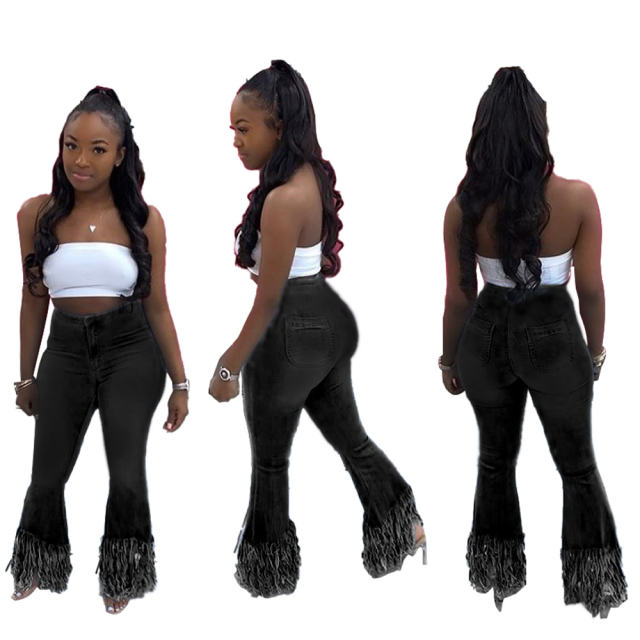 Women Washed Pants Street Trend Flared Trousers Fringed Denim Jeans PQ5315A