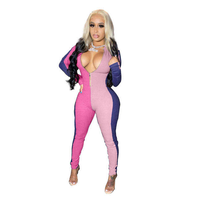 Pink Color Slim Tracksuit Women Mesh Patchwork Pit Strip Fitting Jumpsuit PQ4314C