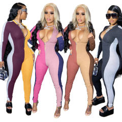 Brown Color Slim Tracksuit Women Mesh Patchwork Pit Strip Fitting Jumpsuit PQ4314D