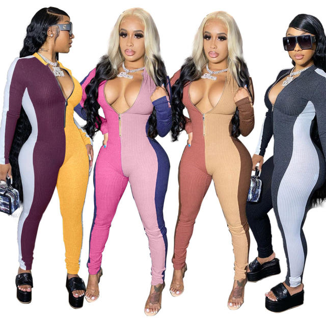 Brown Color Slim Tracksuit Women Mesh Patchwork Pit Strip Fitting Jumpsuit PQ4314D