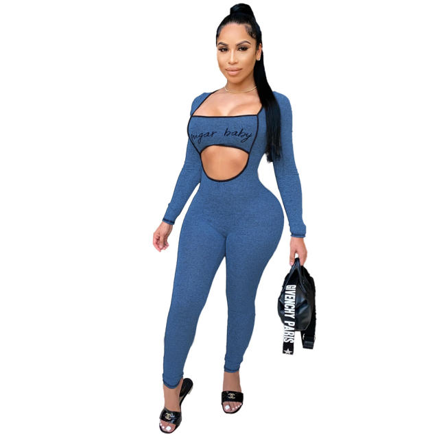 Grey Color Women's Fashion Sexy Streetwear Jogging Sports Jumpsuit PQ5014B