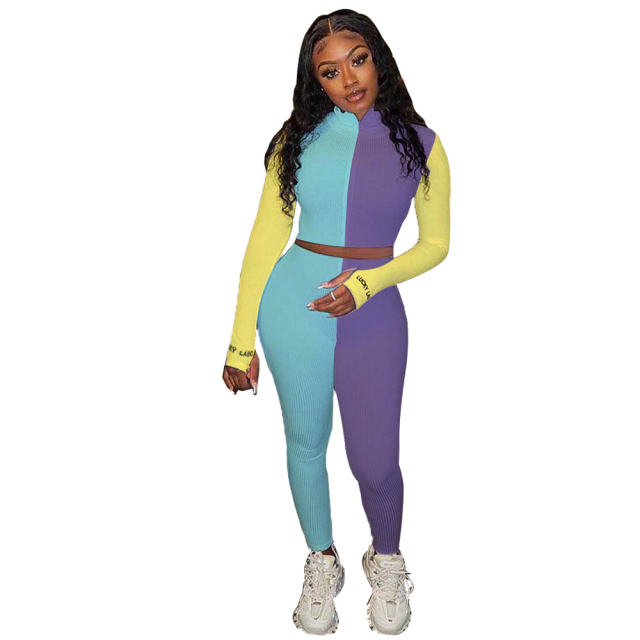 Multicolor Stitching Two Piece Pants Embroidered Long Sleeve Tracksuits PQ6114A