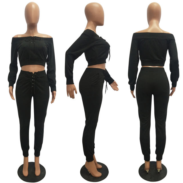 Black Color Fashion Sweater Off Shoulder Casual Two Piece Suits PQCM302B