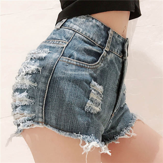 Blue Denim Shorts Hot Pants Nightclub Sexy High Waist Ripped Holes Jeans PQMLY672C
