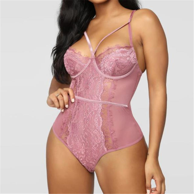 Pink One-piece Sexy Teddies Lingerie Crotch Snap Lace Shirts PQ80875D
