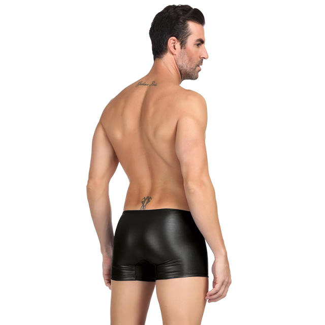 Red Color Faux Leather Slim Boxer Briefs Men's Sexy Shorts PQMP069C