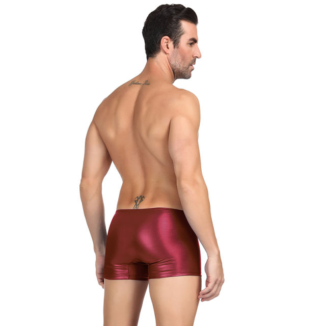 Black Color Faux Leather Slim Boxer Briefs Men's Sexy Shorts PQMP069A