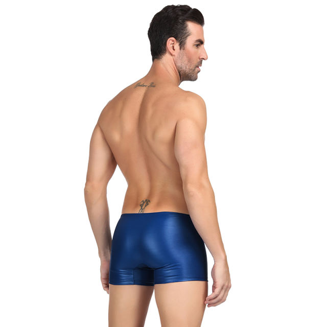 Black Color Faux Leather Slim Boxer Briefs Men's Sexy Shorts PQMP069A