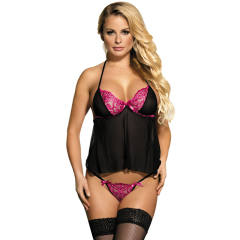 Black Mesh Sleepwear Mini Babydoll Lingerie With G-String PQ80354
