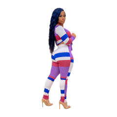 Women Long Sleeve Two Piece Pants Striped Print Tracksuit PQAJ4316