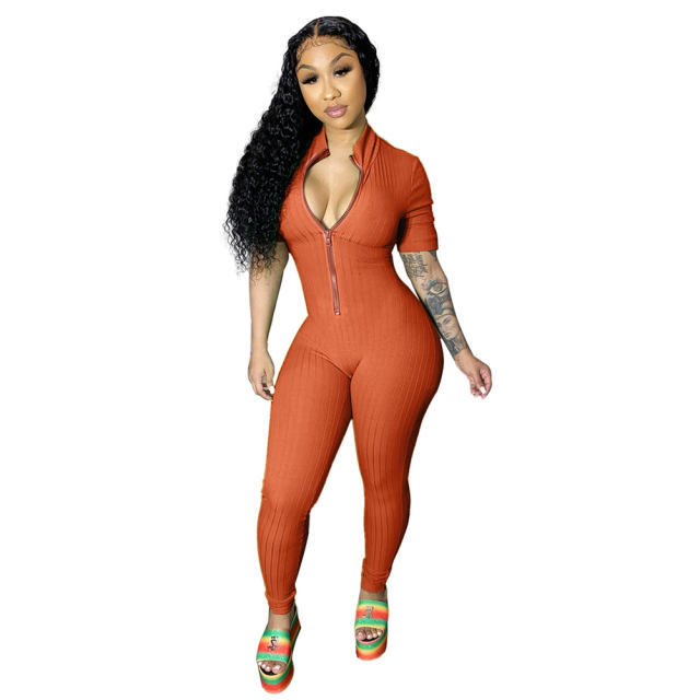 Front Zippers Bodysuit Women Summer Jumpsuits Solid Color Streetwear PQAJ4317C