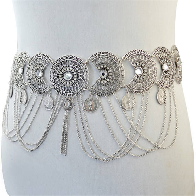Silver Fashion Hollow Crystal Chain Tassel Geometric Retro Coin Waist Chain PQN6340B