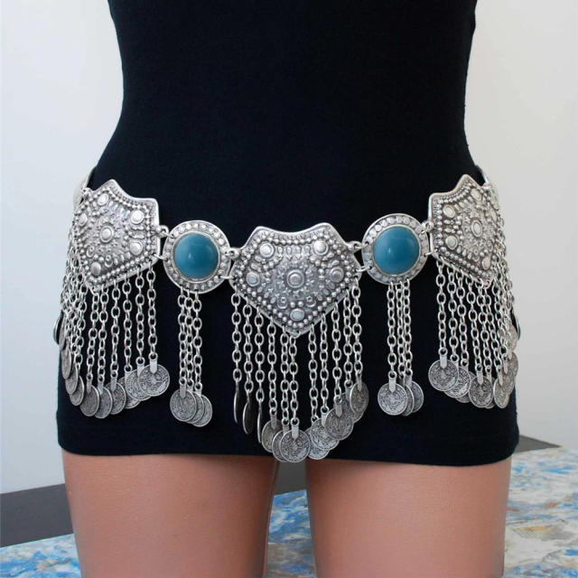 Vintage Black Jewelry Metal Coin Belly Chain Tassel Long Waist Chain PQN5859B