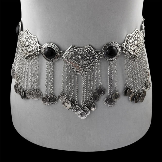 Vintage Blue Jewelry Metal Coin Belly Chain Tassel Long Waist Chain PQN5859A