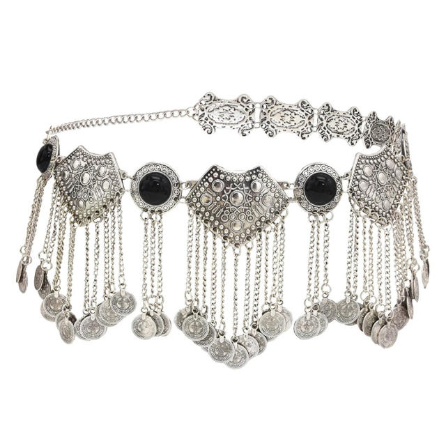 Vintage Blue Jewelry Metal Coin Belly Chain Tassel Long Waist Chain PQN5859A