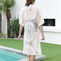 Beige Sunflower Rash Guard Shirt Embroidered Cardigan Lace Blouse PQDX668B