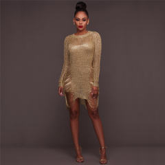 Gold Wool Beach Blouse Sexy Beach Dresses Hollow Knitted Dress PQZ002A