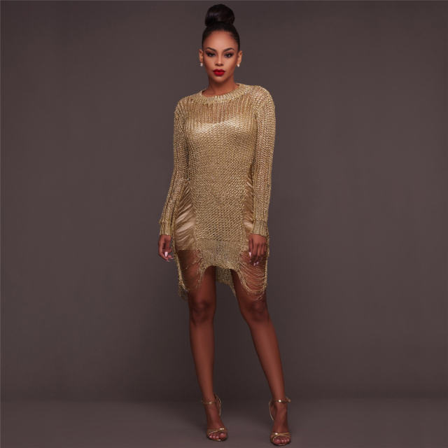 Gold Wool Beach Blouse Sexy Beach Dresses Hollow Knitted Dress PQZ002A
