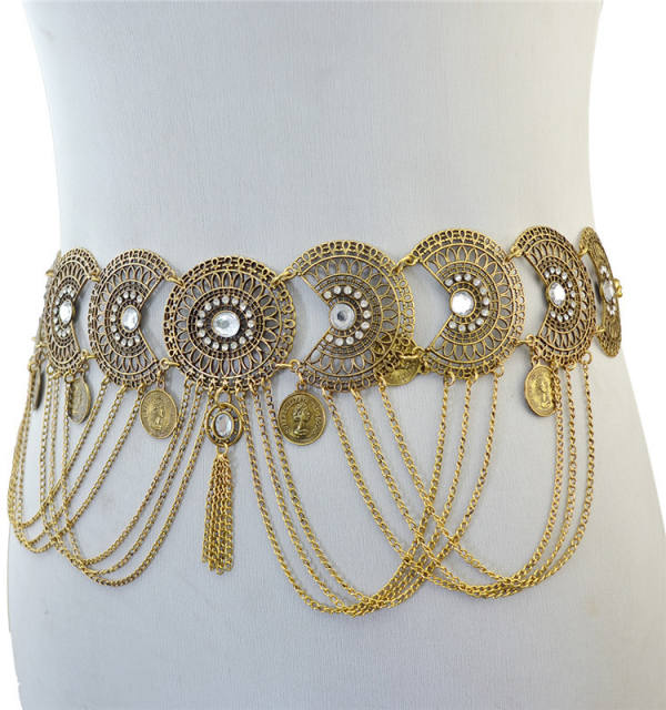 Silver Fashion Hollow Crystal Chain Tassel Geometric Retro Coin Waist Chain PQN6340B