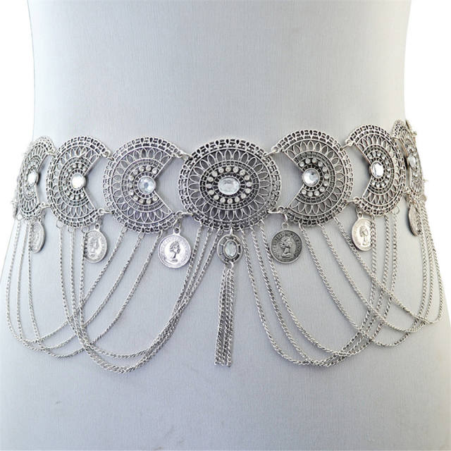 Silver Fashion Hollow Crystal Chain Tassel Geometric Retro Coin Waist Chain PQN6340B