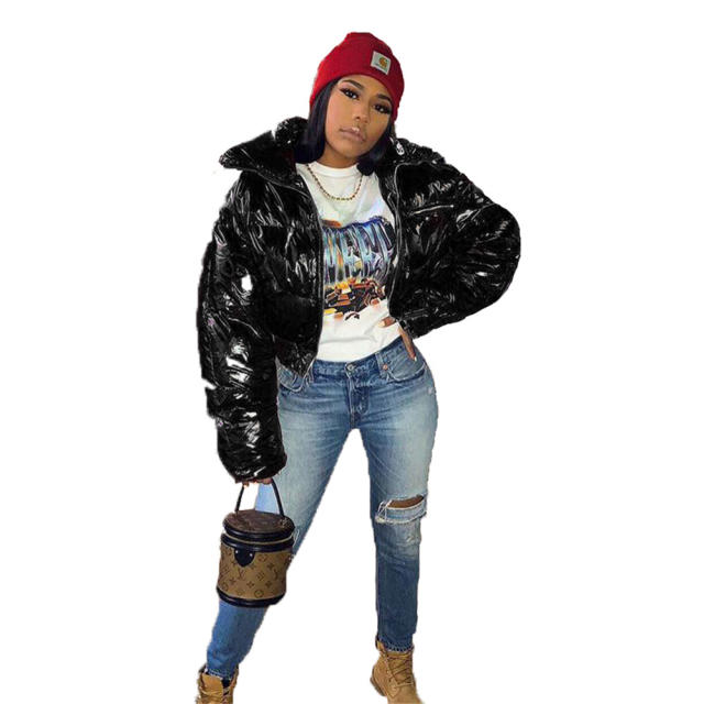 Glossy Faux Leather Down Jacket PU Stand-collar Down Coat PQUJ4559B
