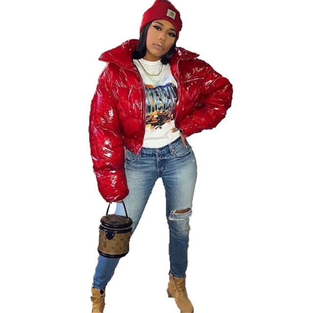 Faux Leather Down Jacket PU Stand-collar Glossy Down Coat PQUJ4559C