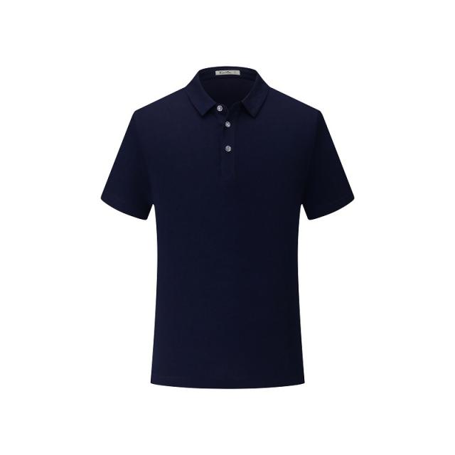 Dark Blue Summer Combed Cotton Tops Plain Weave Lapel Work Shirts POLO shirt PQ1838C
