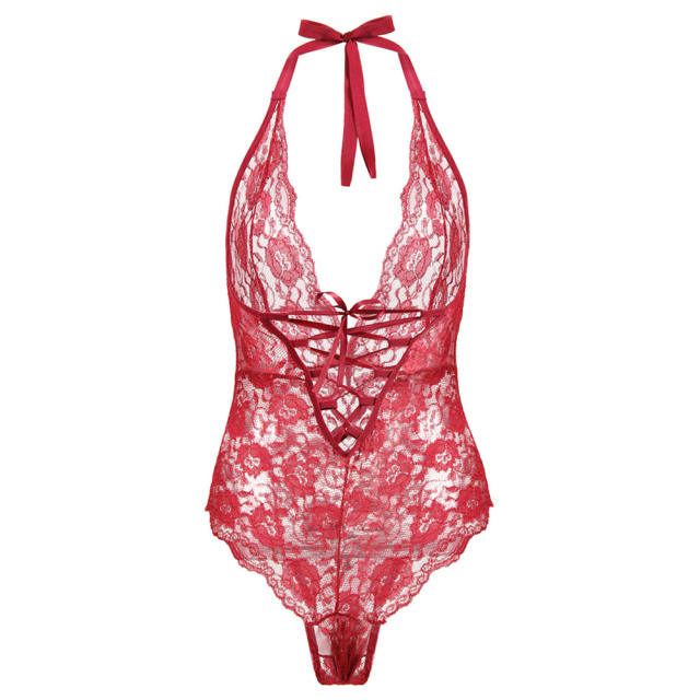 Deep V-neck Lace Teddies Lingerie Sexy Halter Lace Bodysuit PQ7822A