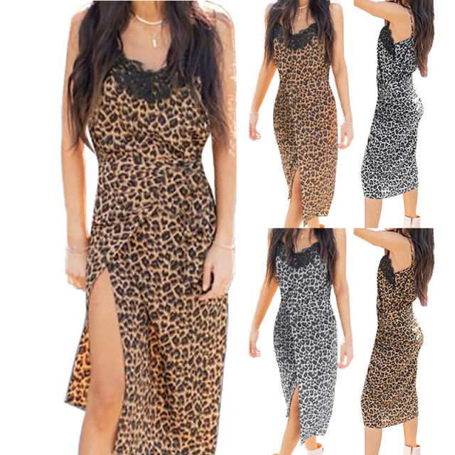 Sexy Leopard Print Midi Dresses Women High Slipt Night Club Wear PQ1149A