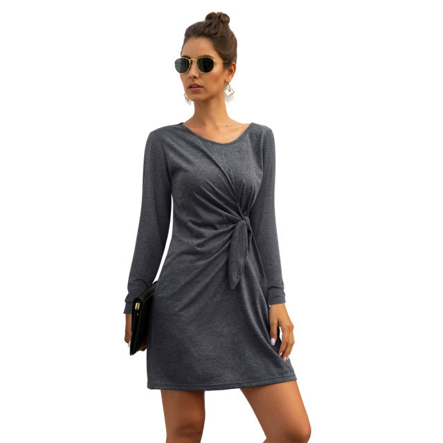 Solid Color Street Dress For Female Knotted Casual Dresses PQXR634D
