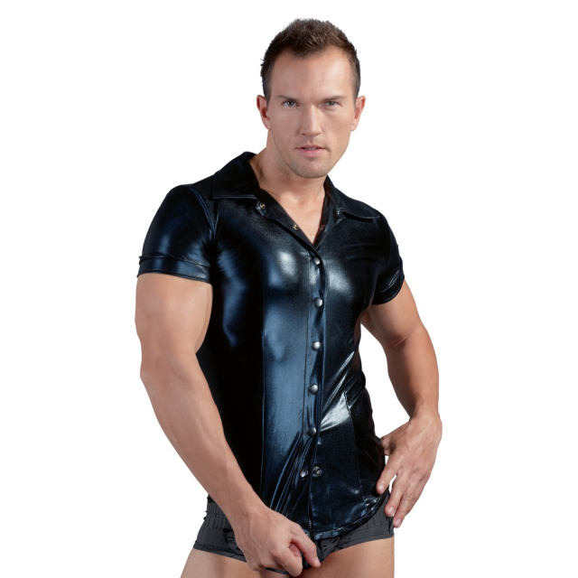 Men Wetlook PU Night Club Shirts Faux Leather Steampunk Tops PQN931A