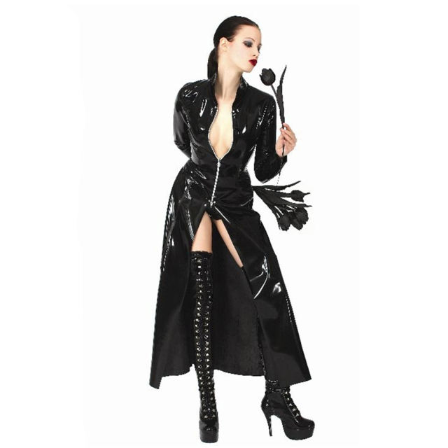 Wetlook Faux Leather Long Trench Coat Unisex Shiny PVC Cloak PQLK1051B