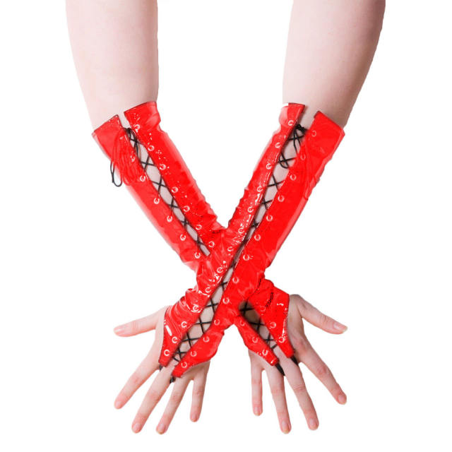 Steampunk PVC Night Club Wear Wetlook Fetish Lace-up Gloves PQLK1103B