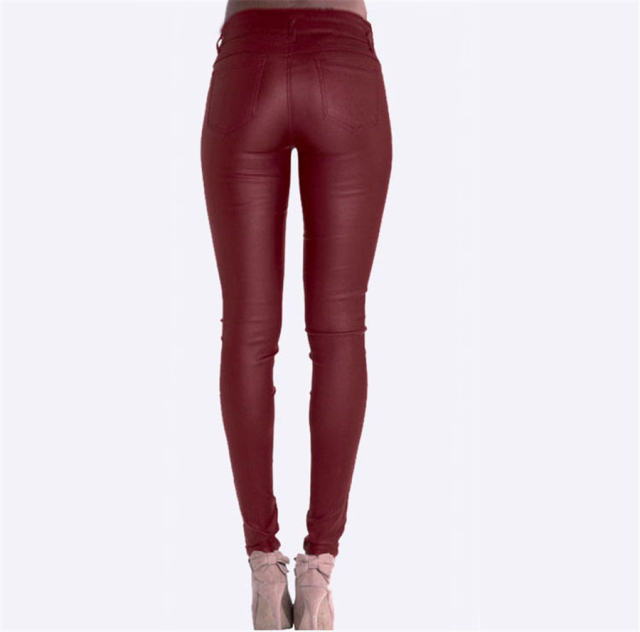 Bubble Butt Red PU Trousers High Waist Faux Leather Pencil Pants PQTOPTSL057