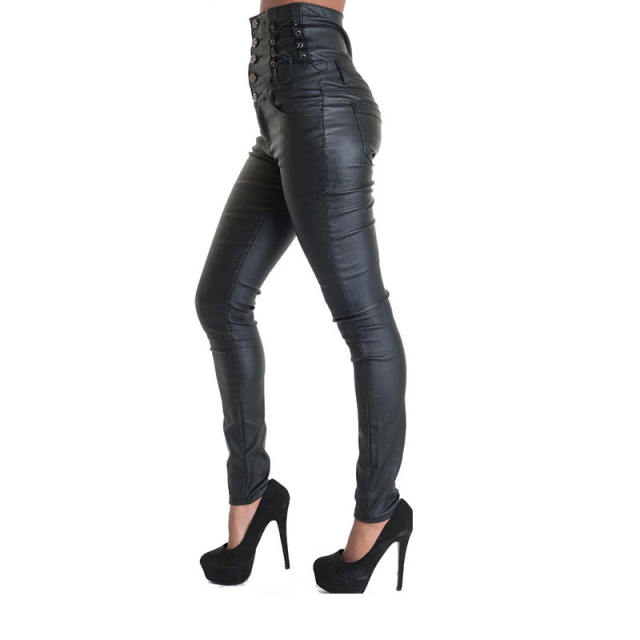 Women Faux Leather High Waist Pants Bubble Butt PU Trousers PQTOP293