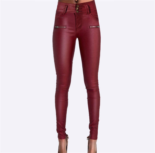 Bubble Butt Red PU Trousers High Waist Faux Leather Pencil Pants PQTOPTSL057