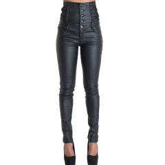 Women Faux Leather High Waist Pants Bubble Butt PU Trousers PQTOP293