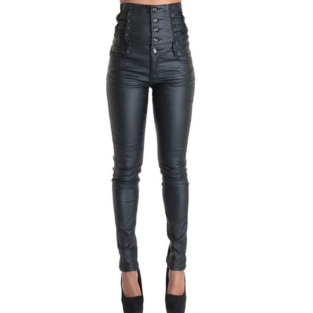Women Faux Leather High Waist Pants Bubble Butt PU Trousers PQTOP293