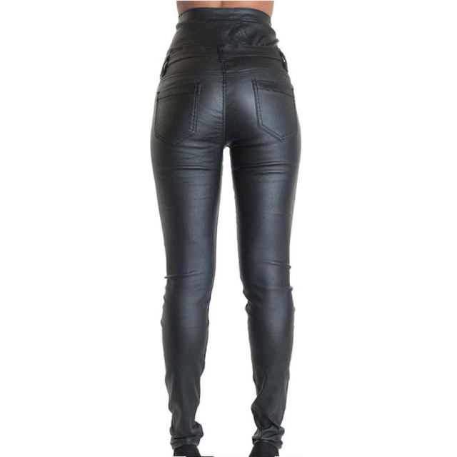 Women Faux Leather High Waist Pants Bubble Butt PU Trousers PQTOP293