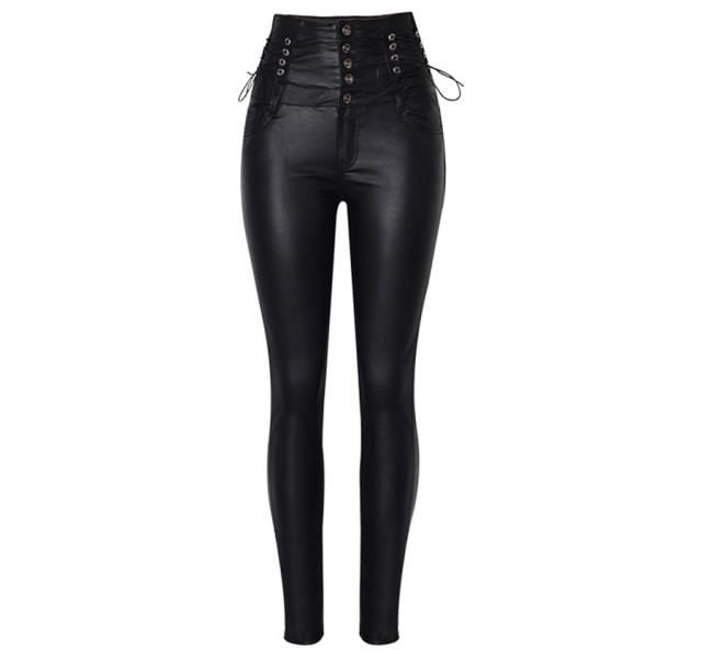 Women Faux Leather High Waist Pants Bubble Butt PU Trousers PQTOP293