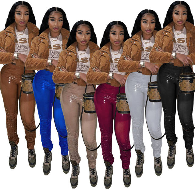 Brown Wetlook PU Pants Faux Leather Leggings for Women PQXM6120E