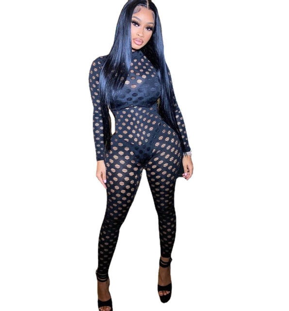 Orange Sexy Fishnet Jumpsuit for Women Hollow Out Night Clubwear PQAJ4323E