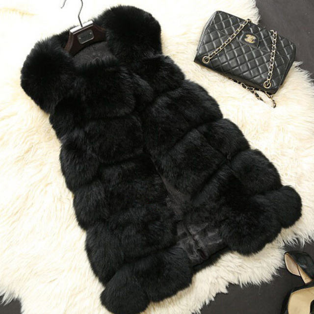 Dark Grey Mid-length Winter Coat Women Faux Fur Jacket Fox Fur Vest PQ1422K