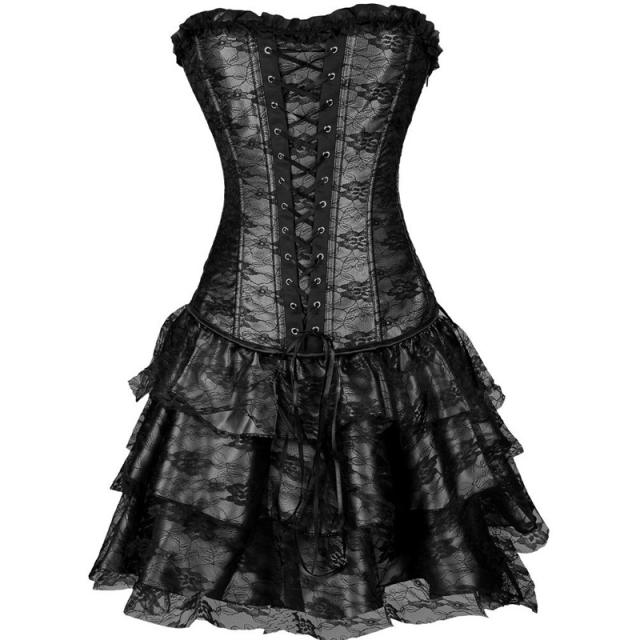 Black Luxury Court Corset Dress Underbust Corselet Palace Gorset with Skirt PQ584B